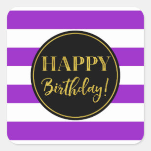 Happy Birthday Purple Black Gold White Stripes Square Sticker