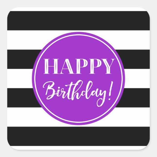 Happy Birthday Purple Black White Stripes Square S Square Sticker (Front)
