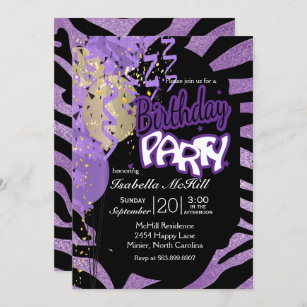 Happy BIrthday - Purple & Black Zebra Stripes Invitation