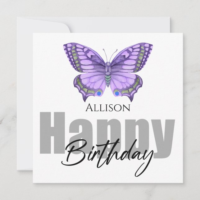 Happy Birthday Purple Butterfly Personalized Name Card (Front)