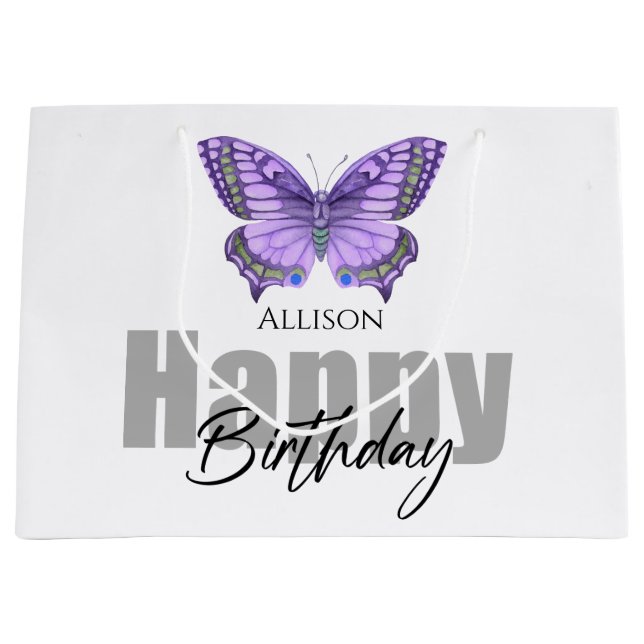 Happy Birthday Purple Butterfly Personalized Name Large Gift Bag (Front)