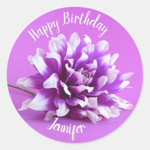 Happy Birthday Purple Dahlia Classic Round Sticker