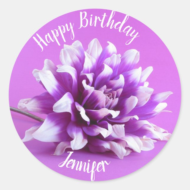 Happy Birthday Purple Dahlia Classic Round Sticker (Front)