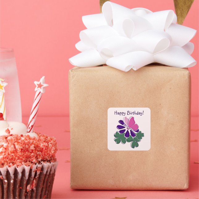Happy Birthday! Purple Flower & Pink Butterfly Square Sticker (Party)