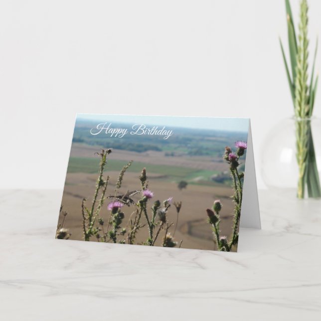 Happy Birthday Purple Flowers Scenic View Card (Front)