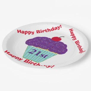 Happy Birthday Purple Frosting Cherry Cupcake Paper Plates