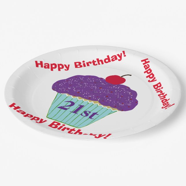 Happy Birthday Purple Frosting Cherry Cupcake Paper Plates (Angled)