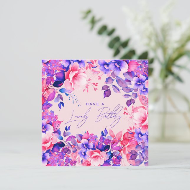 Happy Birthday Purple Garden Floral Blush Card (Standing Front)