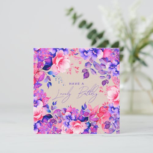 Happy Birthday Purple Garden Floral Champagne Card