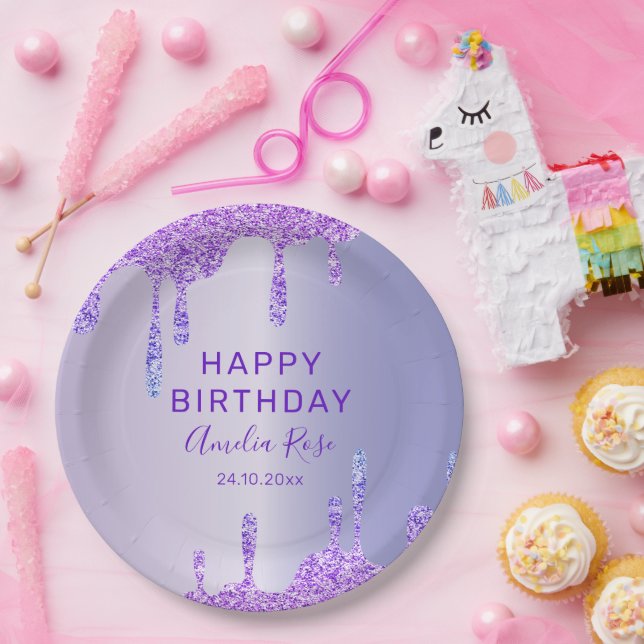 Happy Birthday Purple Glitter Metallic Party Paper Plates (Party)