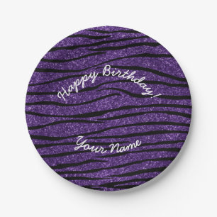 Happy Birthday purple glitter zebra stripes Paper Plates