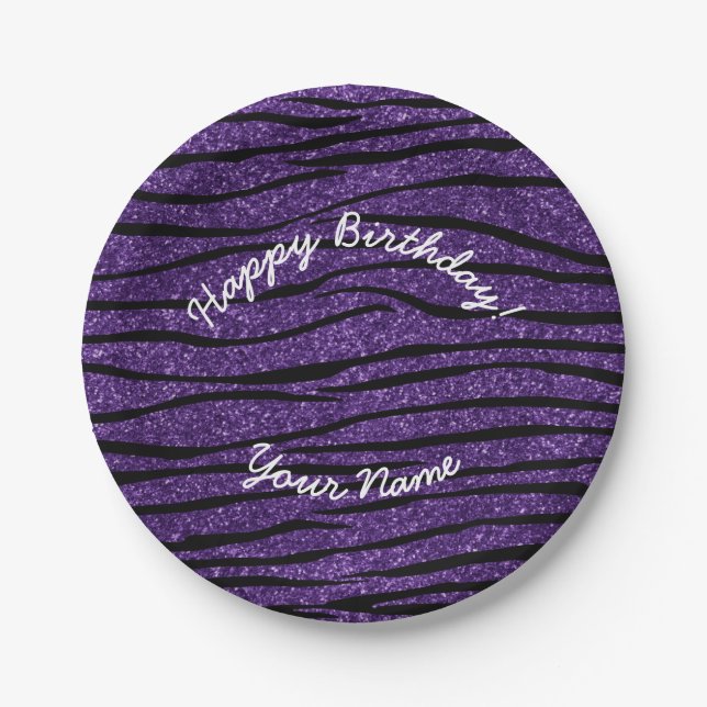 Happy Birthday purple glitter zebra stripes Paper Plates (Front)