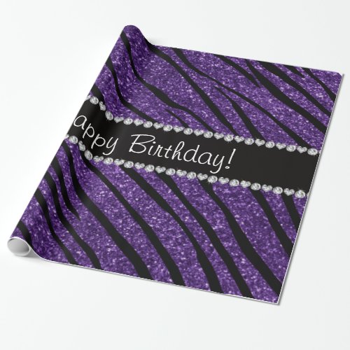 Happy birthday purple glitter zebra stripes wrapping paper