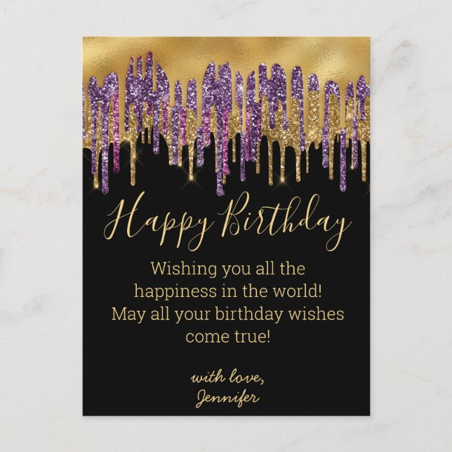 happy birthday purple gold dripping glitters chic postcard (Front)