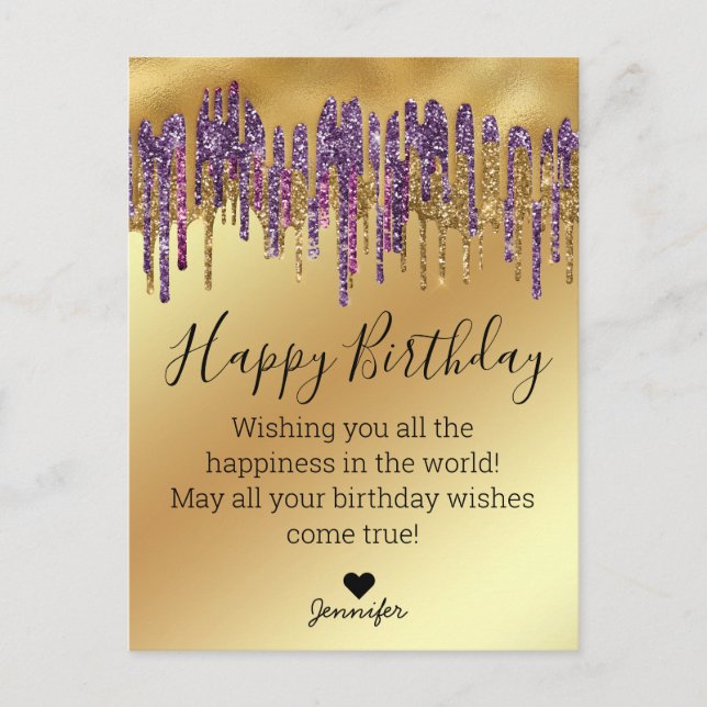 happy birthday purple gold dripping glitters metal postcard (Front)
