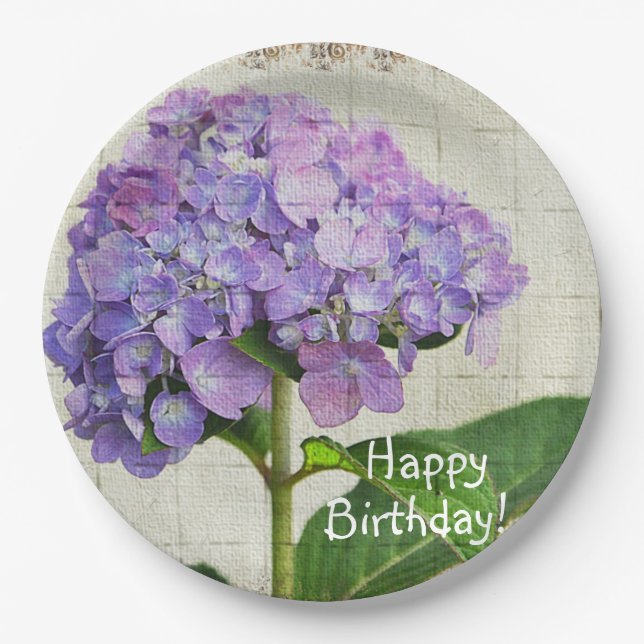 Happy Birthday Purple Hydrangea Paper Plates (Front)