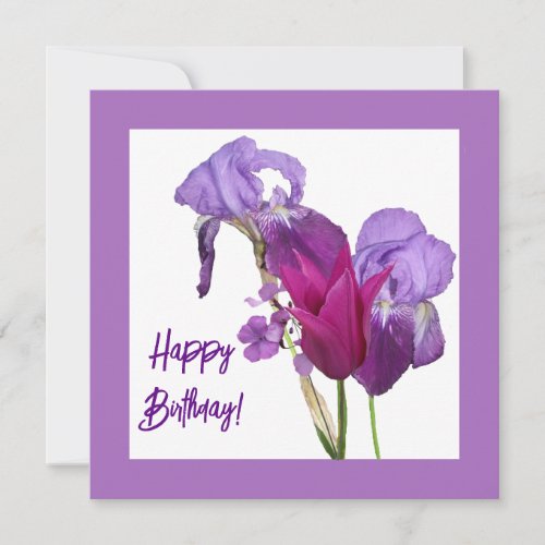 Happy birthday purple iris flowers cute girly boho holiday card