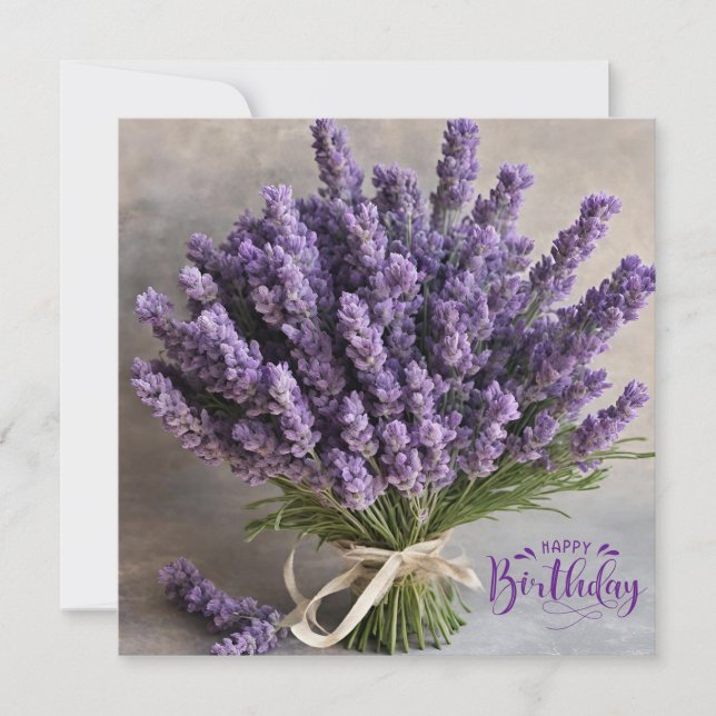 Happy Birthday Purple Lavender Flowers Bouquet Card (Front)
