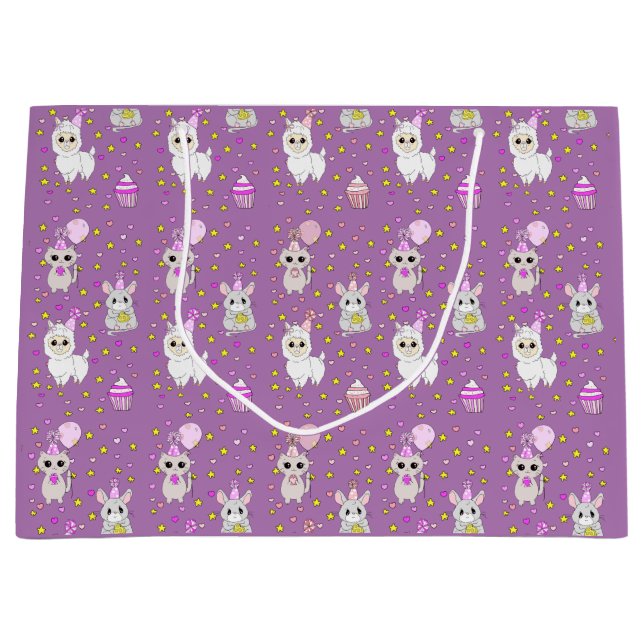 Happy Birthday Purple Llama, Kittens and Mouse Large Gift Bag (Front)