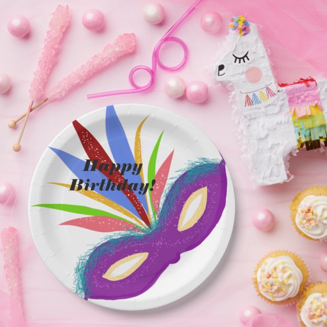 Happy Birthday Purple Masquerade Mask Paper Plates (Party)