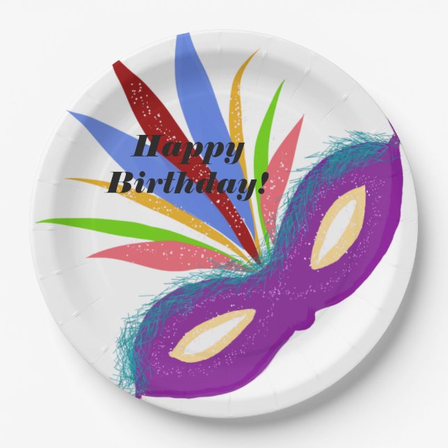 Happy Birthday Purple Masquerade Mask Paper Plates (Front)