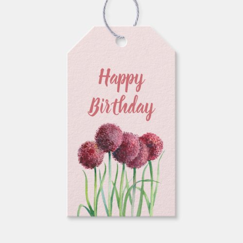Happy Birthday Purple Pink Alliums Watercolor Gift Tags