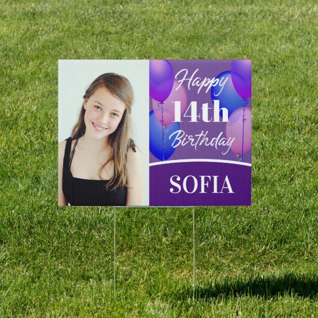 Happy Birthday Purple Pink Balloons Outdoor Yard Sign (Insitu)