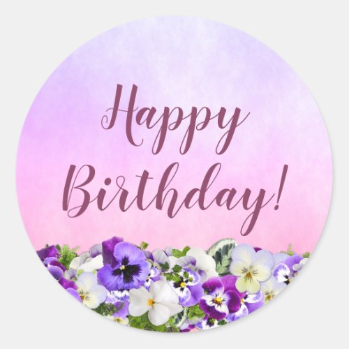 Happy Birthday purple pink florals Classic Round Sticker