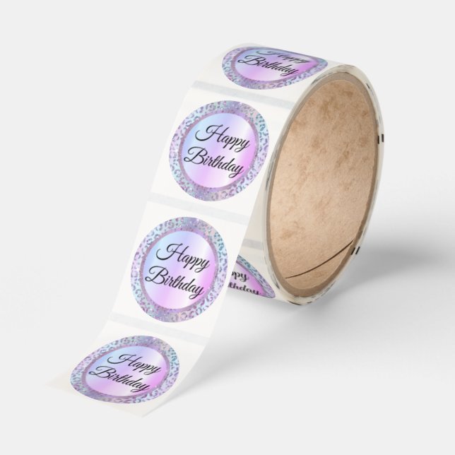 happy birthday,purple pink leopard metallic luxury classic round sticker (Roll)