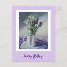 Happy Birthday purple vintage flowers painting art