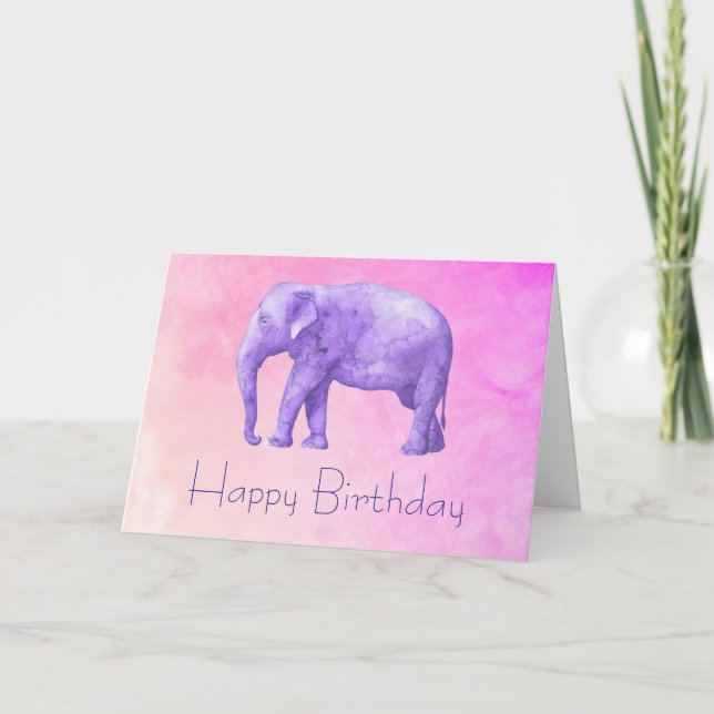 Happy Birthday Purple Watercolor Elephant on Pink Card (Front)