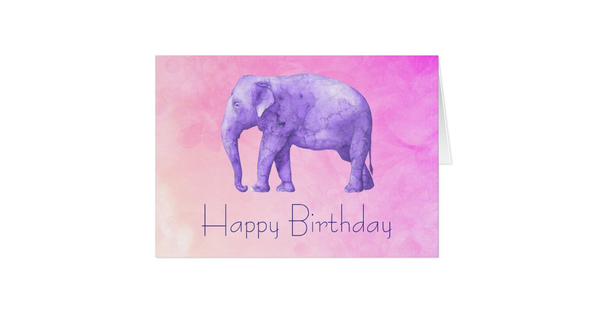 Happy Birthday Purple Watercolor Elephant On Pink Card