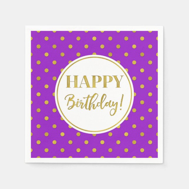 Happy Birthday Purple White Gold Dots  Napkins (Front)