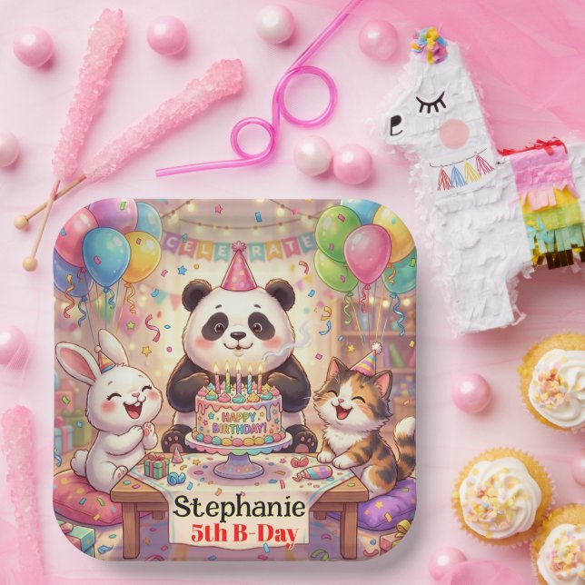Happy Birthday Rabbit Panda Cat Cute Animals Paper Plates (Party)