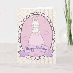 Happy Birthday rabbit princess pink white girly Card