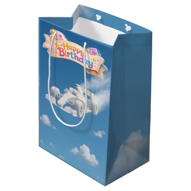 Happy birthday racing car, cloud, medium glossy gi gift bag (Back Angled)