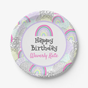 Happy Birthday Rainbow 90's Girl's Kawaii Party Paper Plates