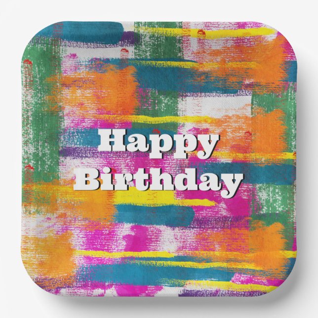 Happy Birthday Rainbow Abstract Paper Plates (Front)