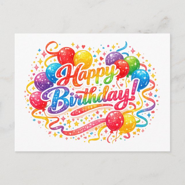 Happy Birthday Rainbow Balloons Confetti  Postcard (Front)