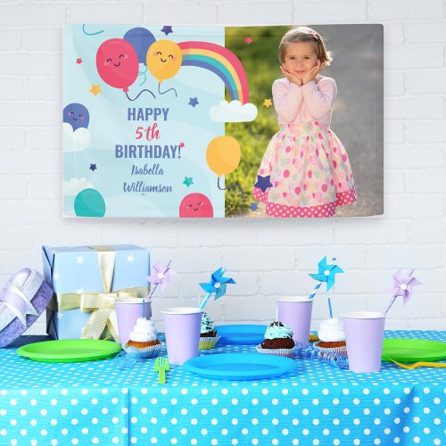 Happy Birthday Rainbow Balloons Custom Photo Text Banner