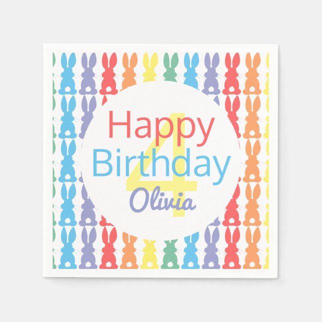 Happy Birthday Rainbow Bunny Personalized Kids Paper Napkins (Front)