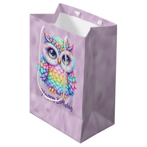 Happy Birthday Rainbow Color Owl on Purple Medium Gift Bag