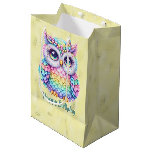 Happy Birthday Rainbow Color Owl on Shiny Lemon Medium Gift Bag