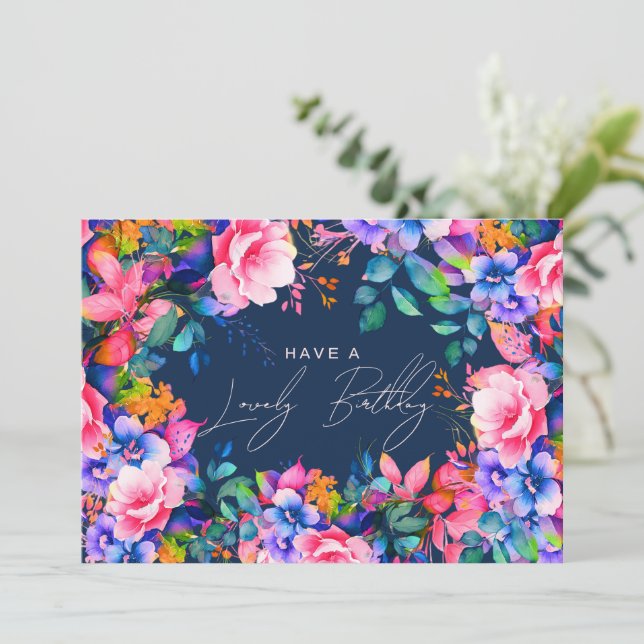 Happy Birthday Rainbow Garden Floral Navy  Card (Standing Front)