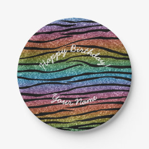 Happy Birthday rainbow glitter zebra stripes Paper Plates