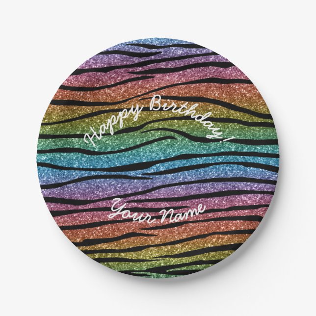 Happy Birthday rainbow glitter zebra stripes Paper Plates (Front)