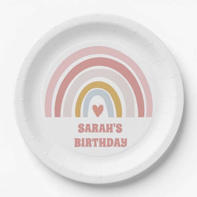 happy birthday rainbow pink custom name party  paper plates (Front)