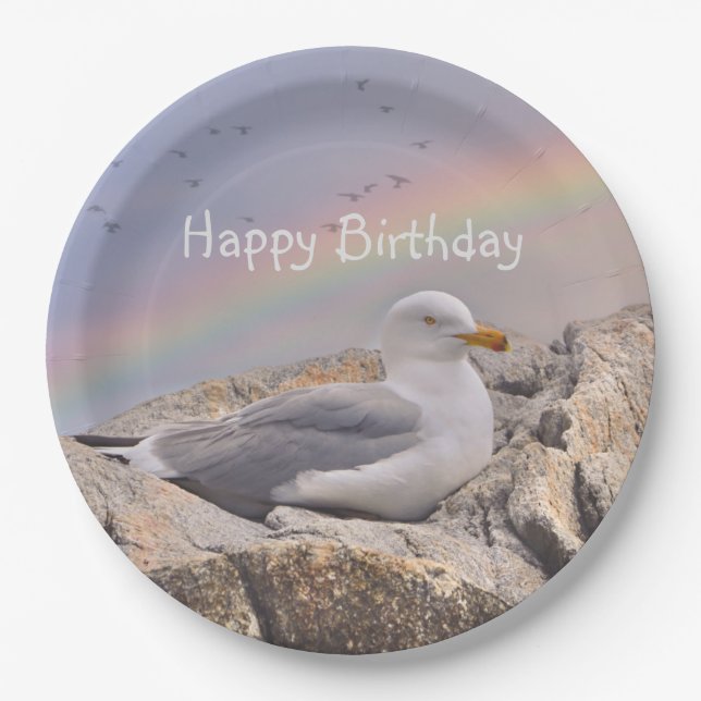 Happy Birthday Rainbow Seagull Paper Plates (Front)