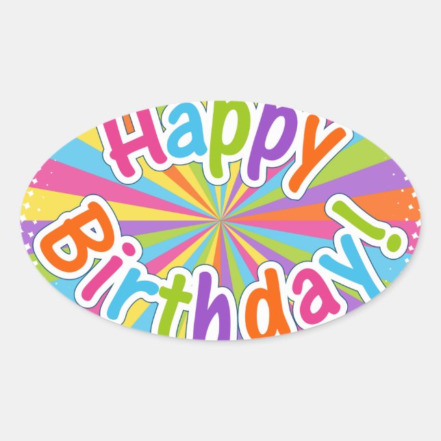Happy Birthday Rainbow Text Oval Sticker (Front)
