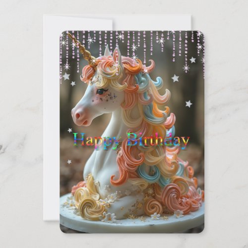 Happy Birthday Rainbow Unicorn Cake Stars Glitter Card